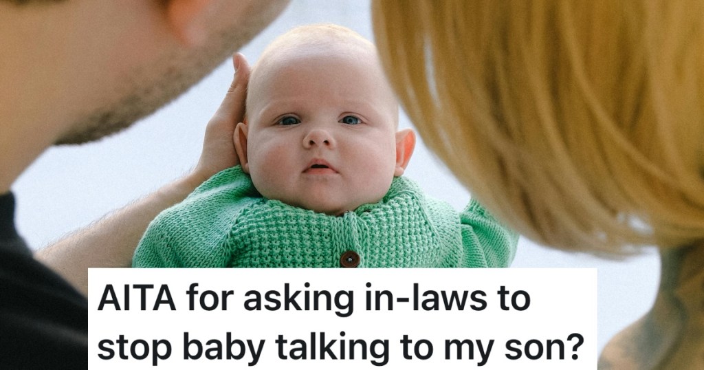 mom and dad talking to young baby