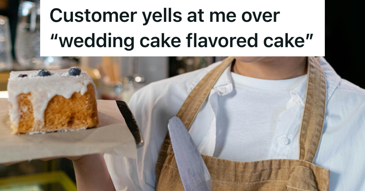 baker holding a slice of cake