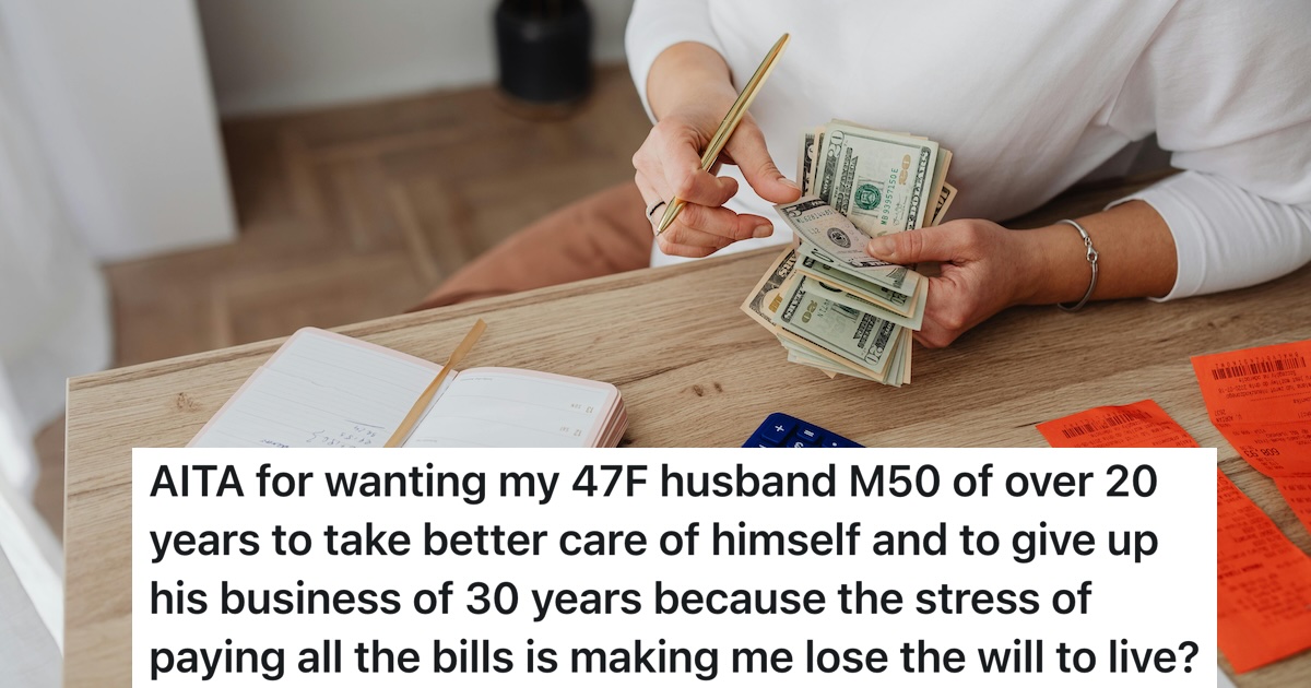Her Husband’s Business Has Been Losing Money For Years, And He Refuses To Address His Massive Weight Problems, So She Told Him The Marriage Might Be Over woman paying bills with money and notework
