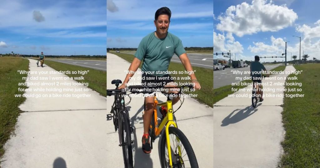 A dad bringing his daughter her bike