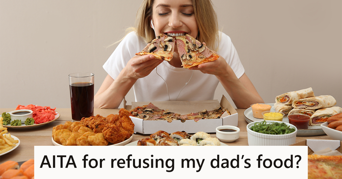 woman eating two pieces of pizza with lots o food on the table in front of her