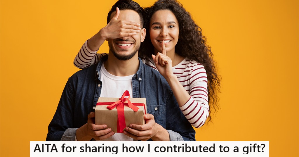 woman surprising man with a gift