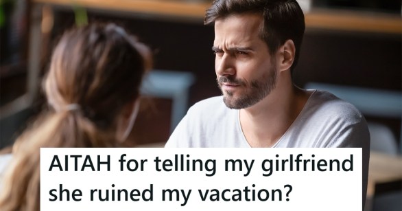 man looking askew at woman