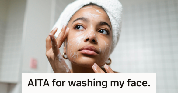 woman washing her face with towel on her head