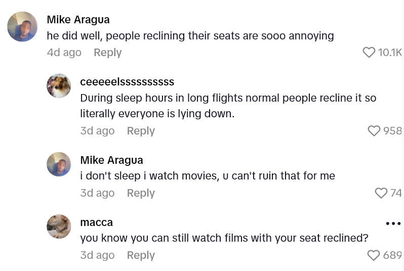 2025 08 13 15 32 05 Passenger Wanted As Much Room On The Plane As Possible, So He Stopped The Row In Front Of Him From Reclining For The Entire Flight