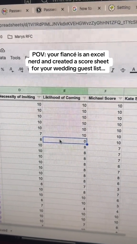 Kate's fiance going over their wedding spreadsheet