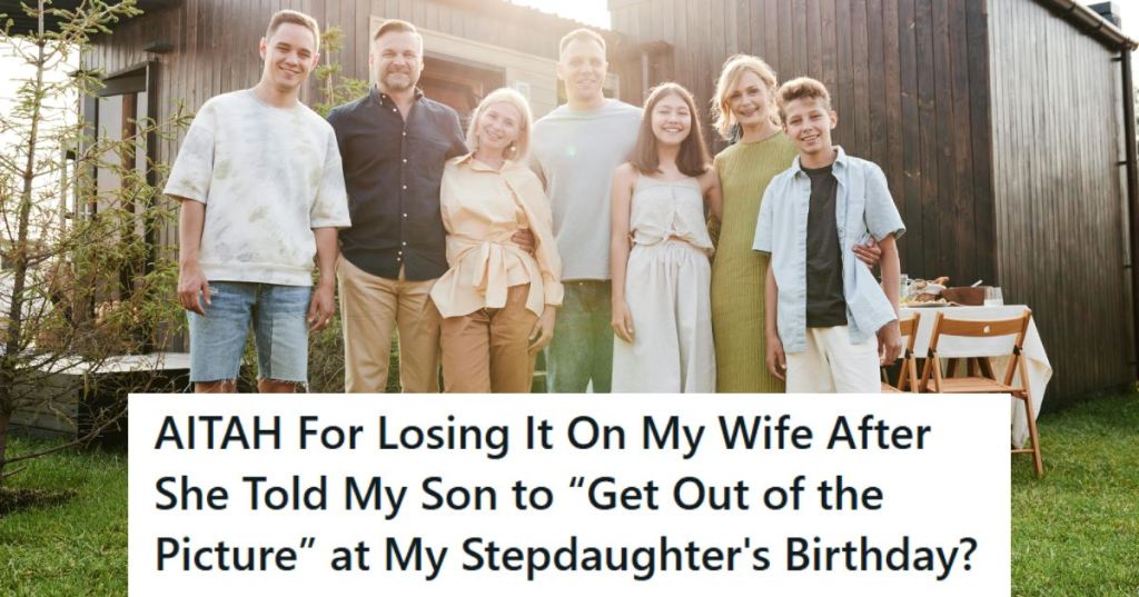 Photo of a blended family posing together