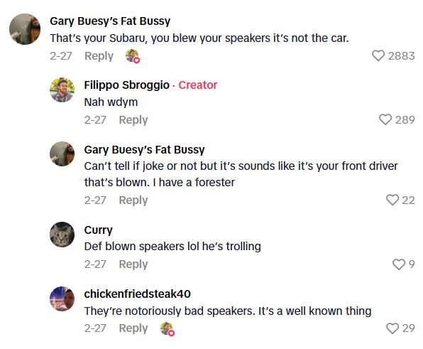 Comment 1 77 TikToker Tries To Make His Subaru Sound System Seem Distorted, But Some People Arent Buying It