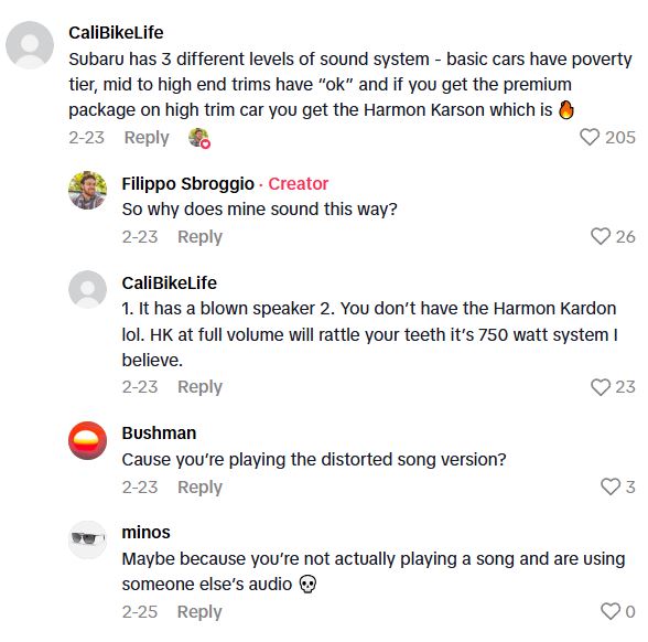 Comment 3 77 TikToker Tries To Make His Subaru Sound System Seem Distorted, But Some People Arent Buying It