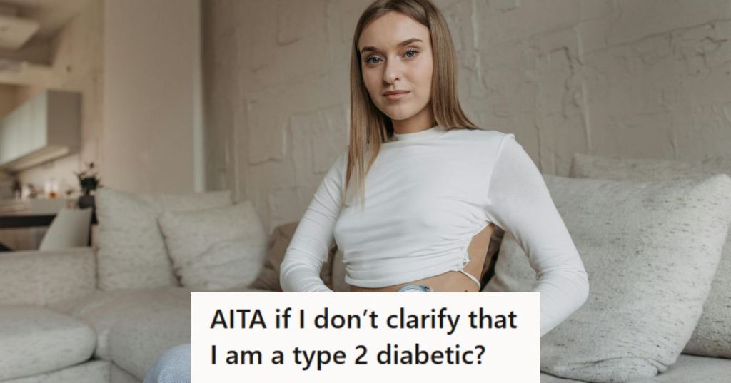 Woman wearing a white top showing off her glucose monitor