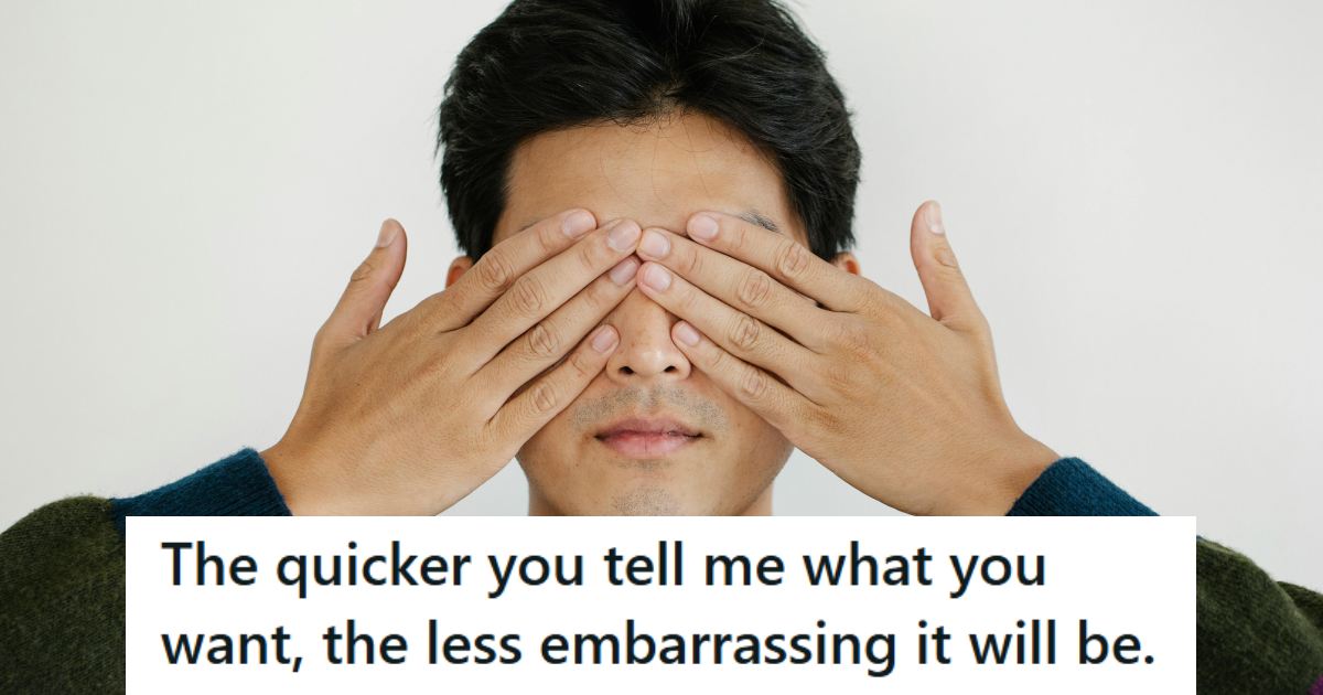 Man covering his eyes after making an embarrassing purchase