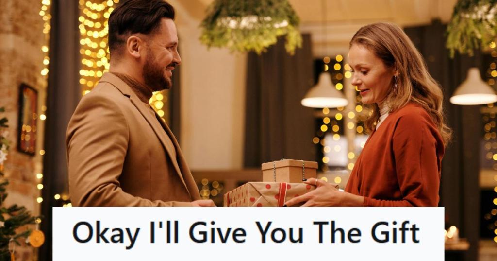 Man giving his wife the gift she bought herself
