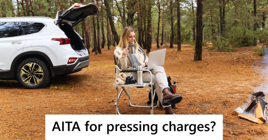 Woman camping with laptop by car