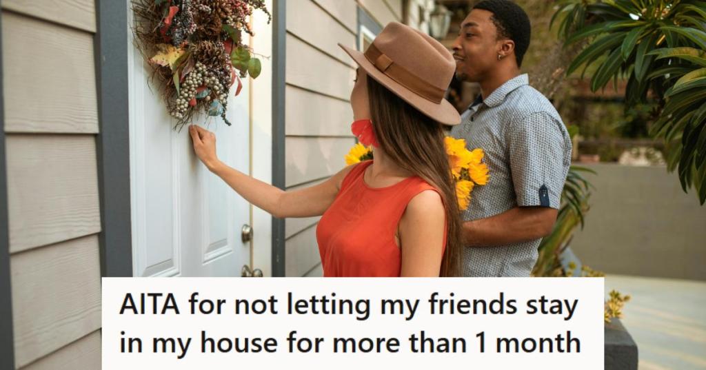 Man and woman knocking on their friend's door