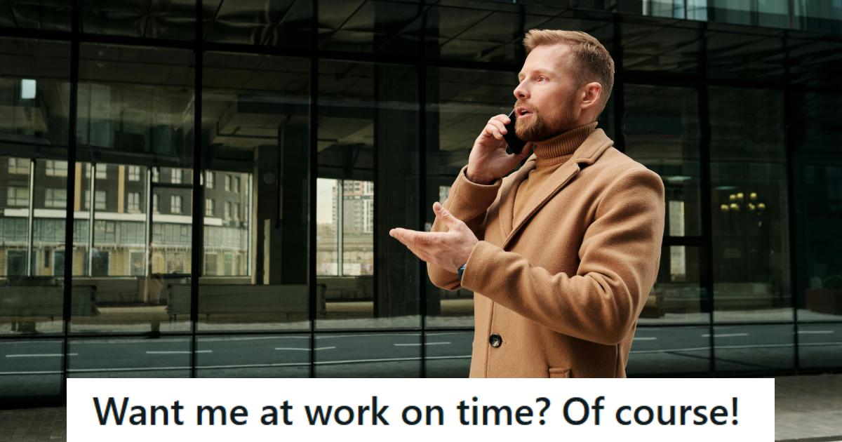 Man walking around his place of work on the phone before clocking in