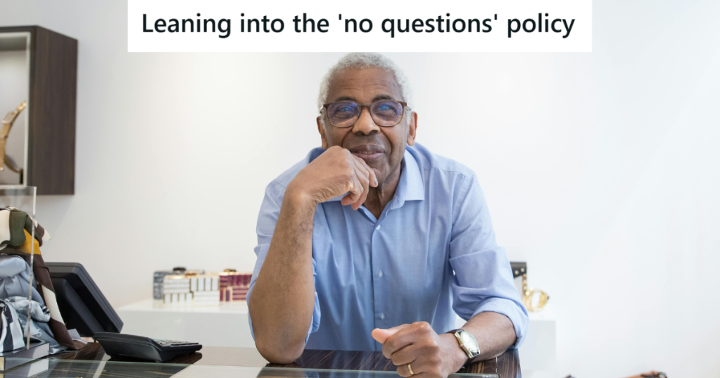Old man in blue short leaning on a counter
