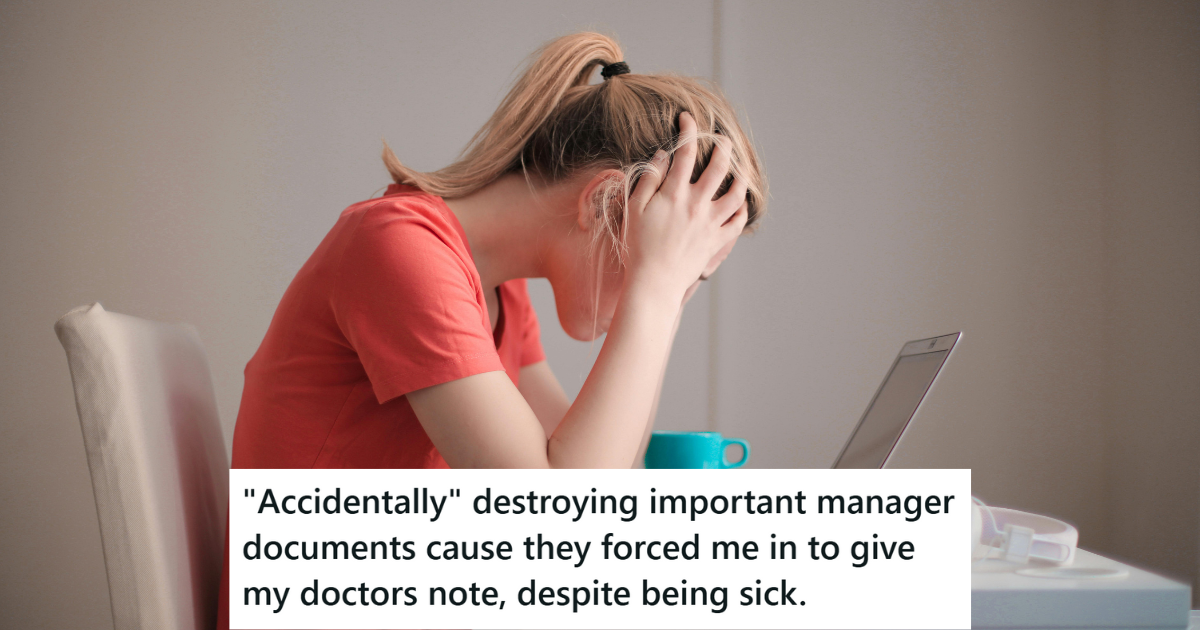 Manager Asked Employee To Come In And Submit A Doctors Note Before Taking Sick Leave, So She Showed Up At Work And Got Sick Right On The Managers Desk Girl in orange shirt sitting on a desk