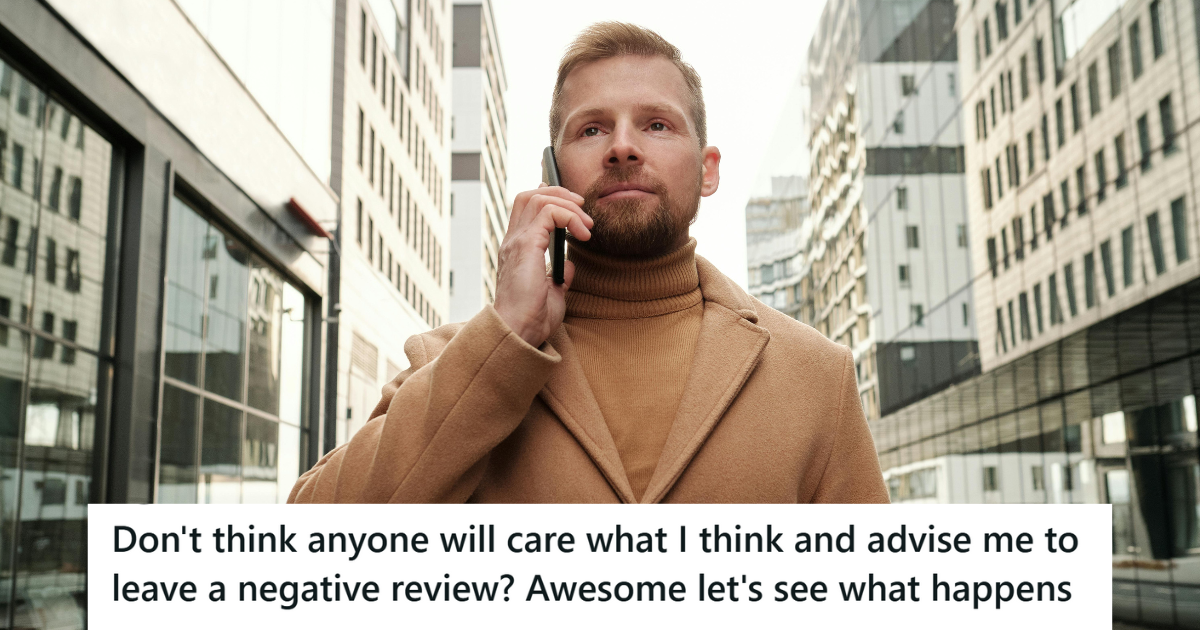 HOA Kept Penalizing Homeowner For Things He Didnt Do, So He Left Numerous Reviews And Got His Money Back Man in brown coat on a street talking on call