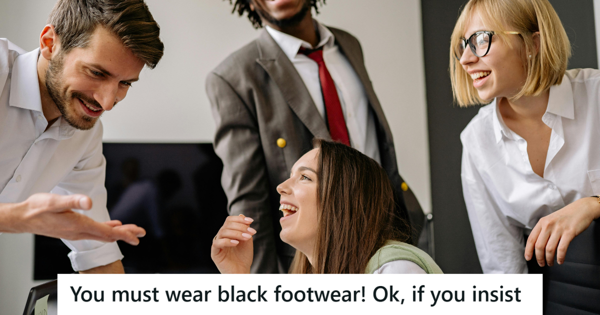 Office mates laughing in formal attire