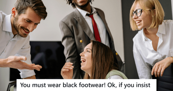 Office mates laughing in formal attire