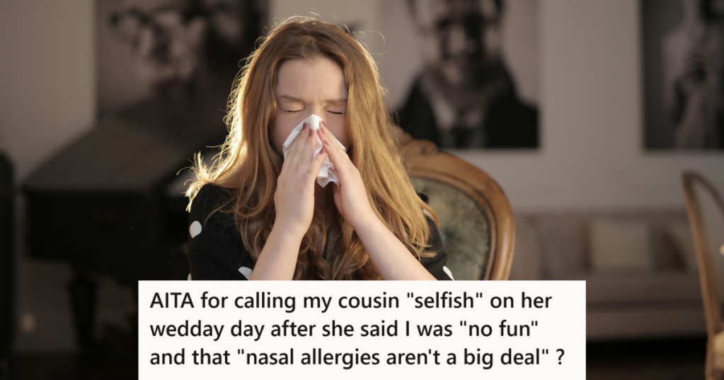 Woman in black dress sneezing