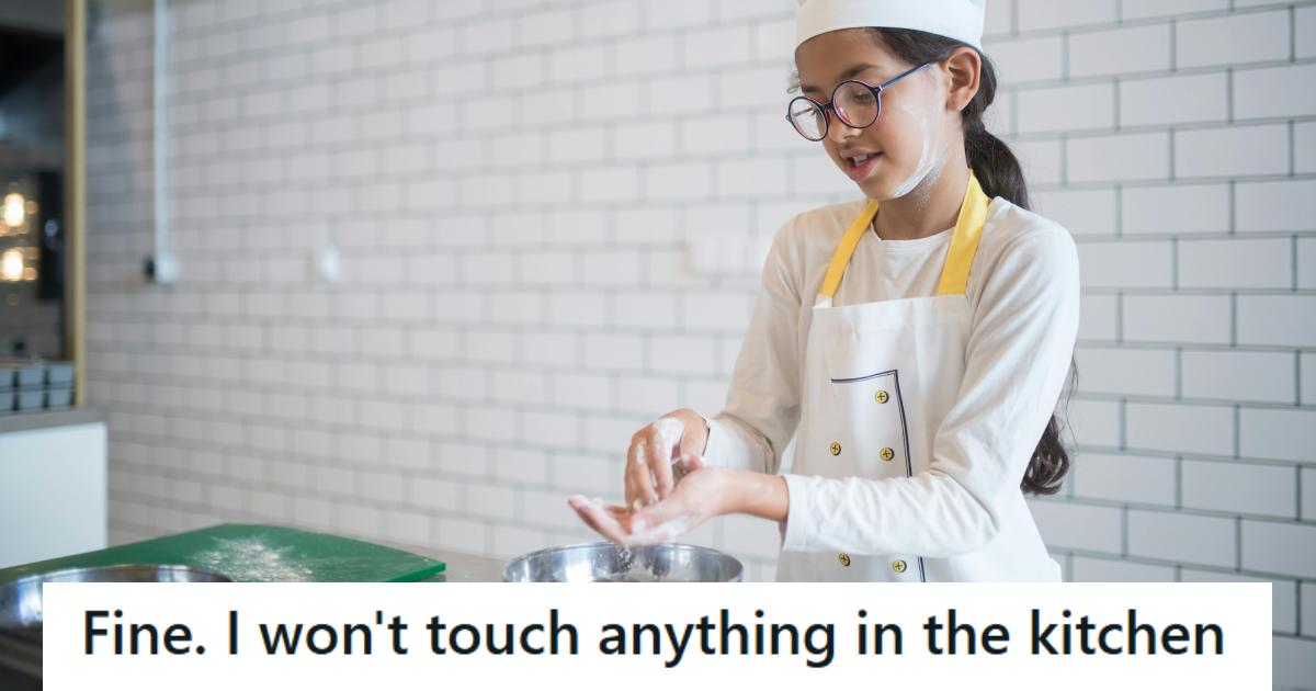 Young girl making a mess while baking in the kitchen