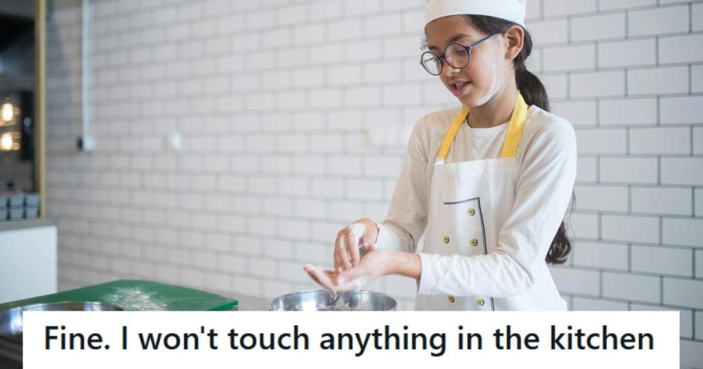 Young girl making a mess while baking in the kitchen