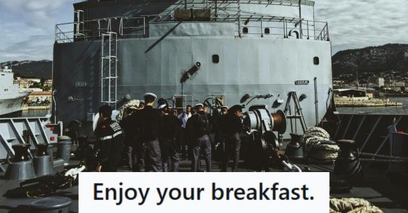 Navy seamen boarding their ship after eating breakfast