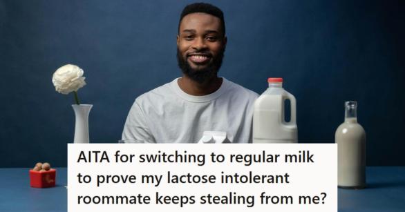Man sitting at a table with many milk options around him