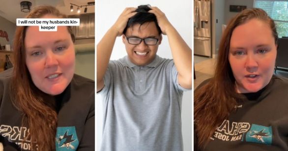 Woman talking to camera, frustrated man