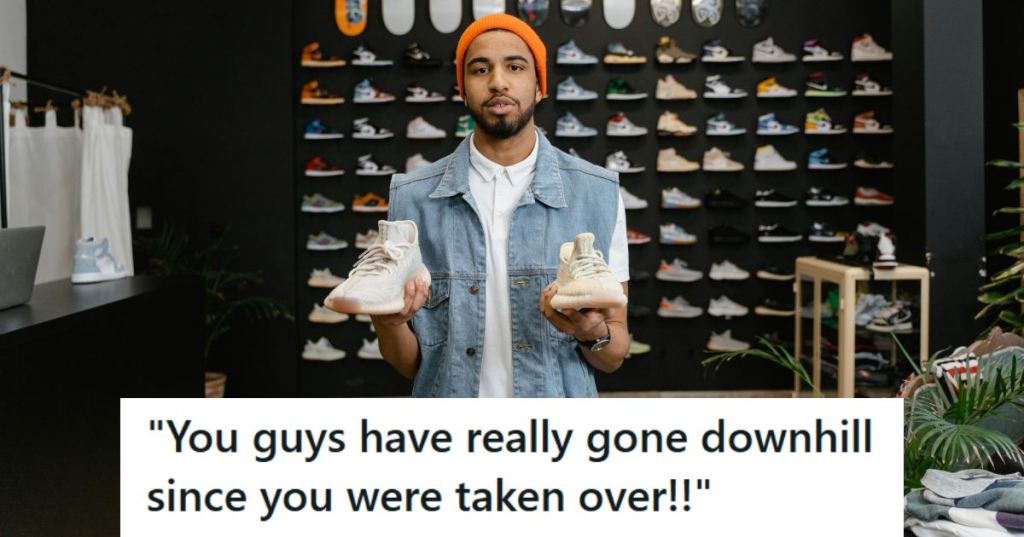 Man holding running shoes in a specialty store