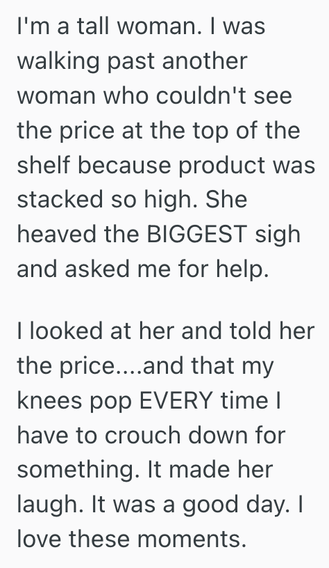 Screenshot 2025 08 07 at 5.45.15 PM Her Tall Husband Stretched To Help A Petite Stranger Grab An Item From The Highest Shelf, And Then She Crouched Lower To Help Him Reach Something From The Lowest Shelf