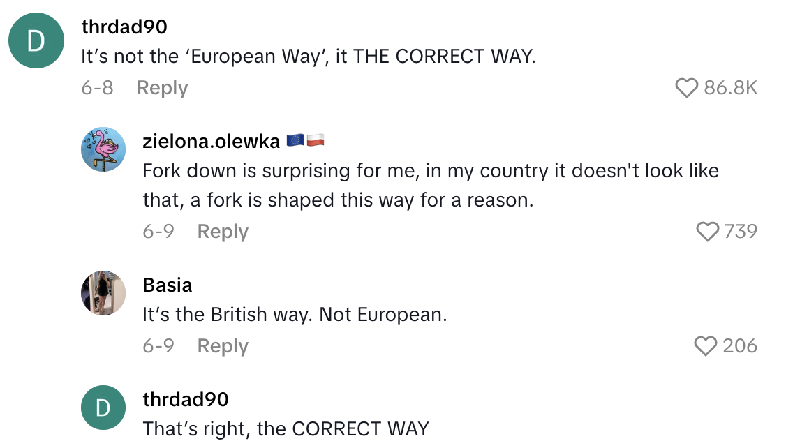 Screenshot 2025 08 17 at 7.03.05 PM She Tried to Eat The European Way And It Didnt Go Well.   I dont get it. In America, thats considered rude.