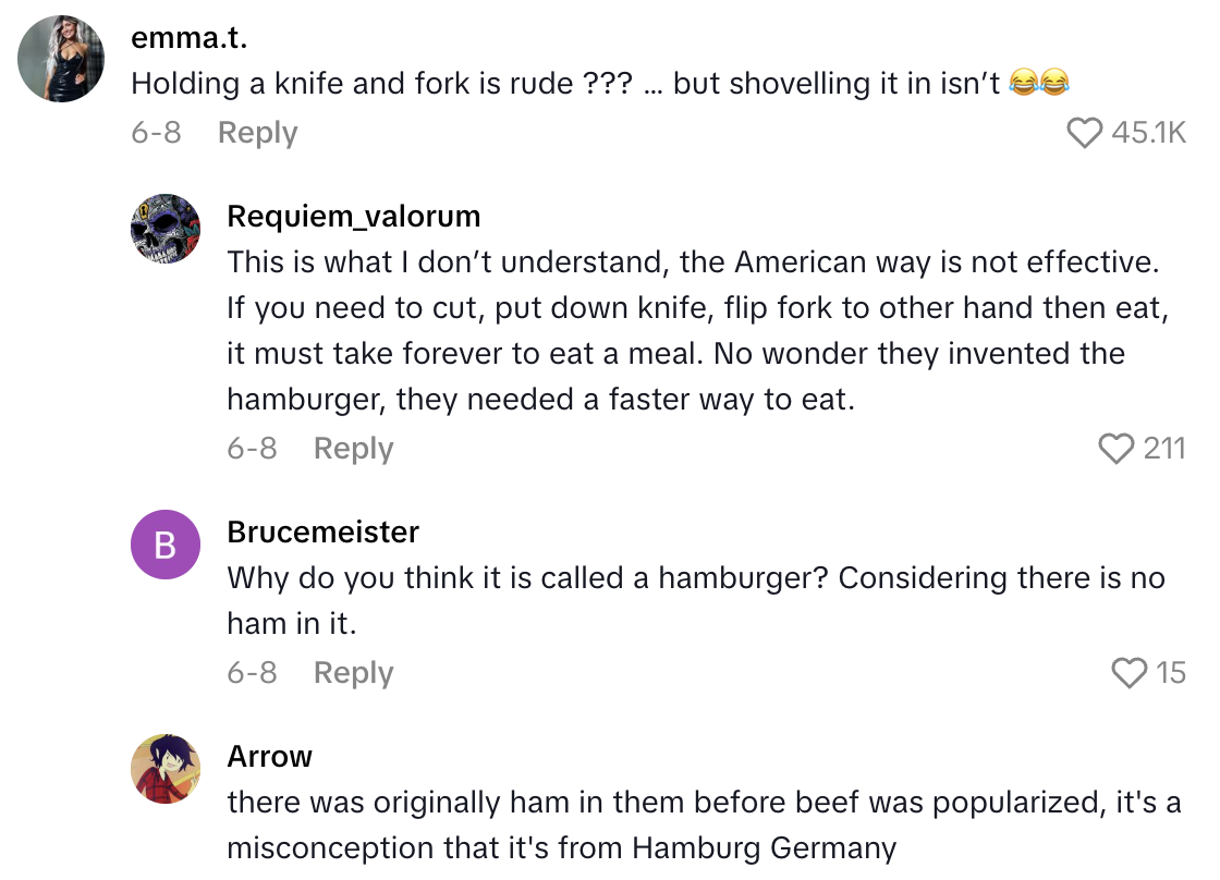 Screenshot 2025 08 17 at 7.03.31 PM She Tried to Eat The European Way And It Didnt Go Well.   I dont get it. In America, thats considered rude.