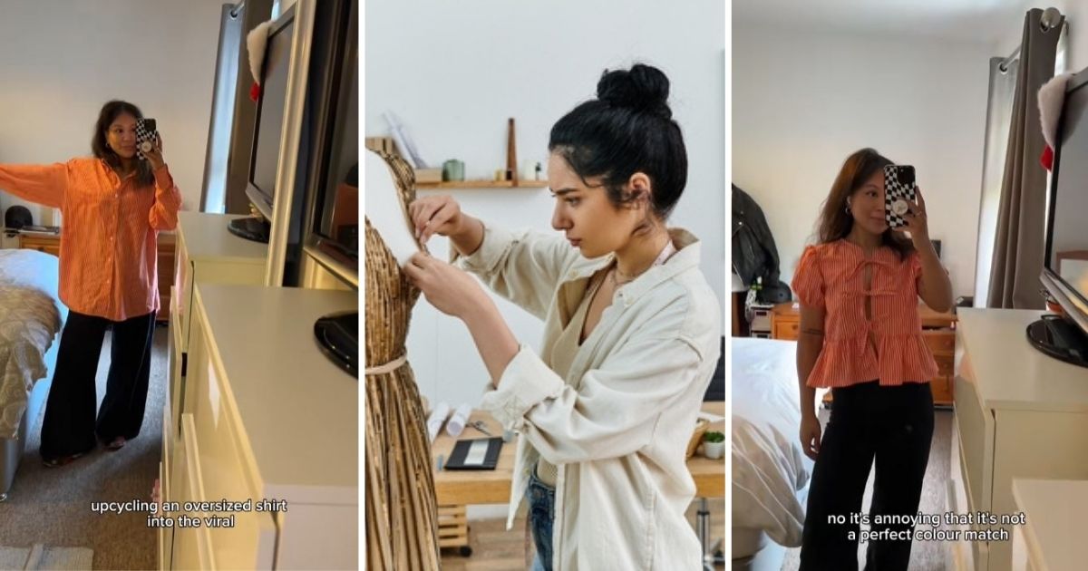 Watch This TikToker Transform An Old Oversized Shirt Into The Hottest Fashion TikToker sewing to make a shirt