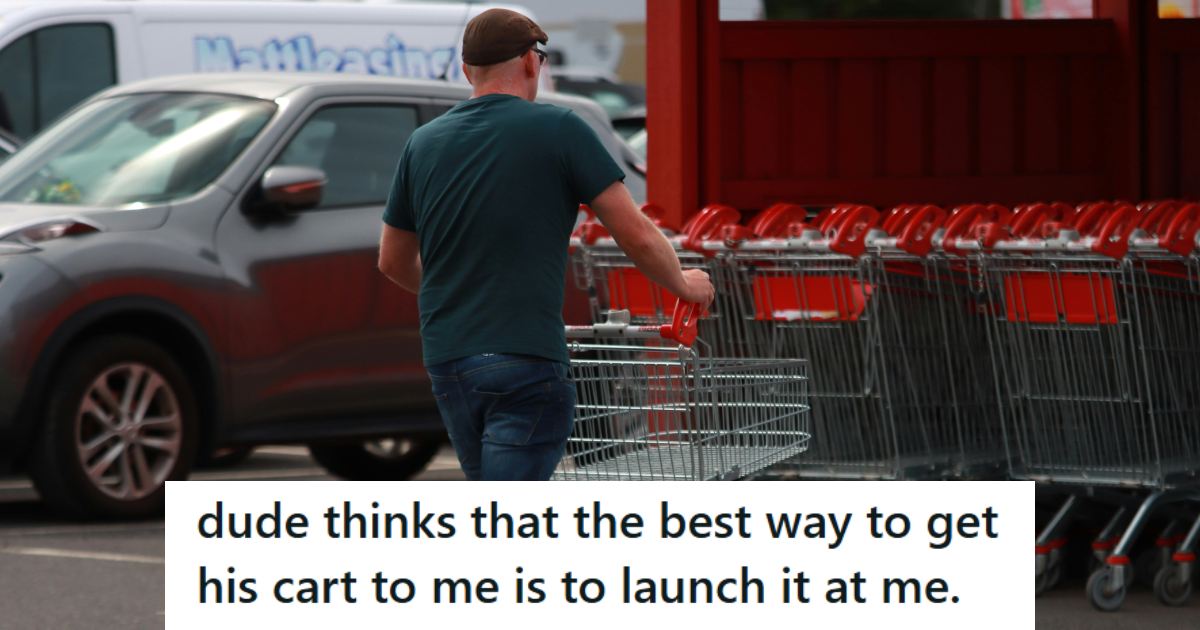 Man pushing a shopping cart through the parking lot to put it away