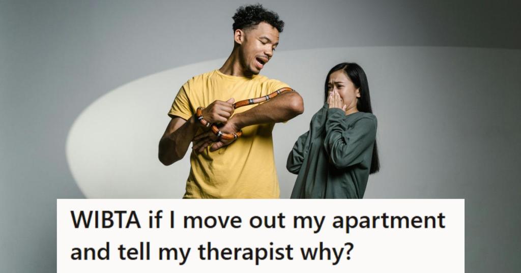 Man holding a snake in front of a terrified woman