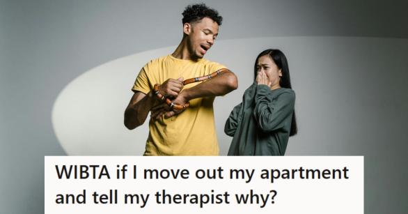 Man holding a snake in front of a terrified woman