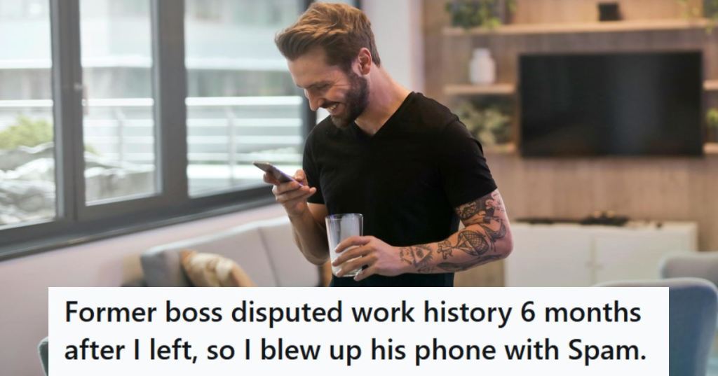 Man smiling as he signs ex boss up for lots of spam