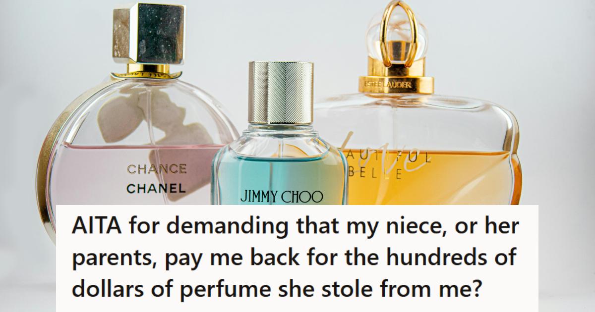 Bottles of expensive perfume such as Estee Lauder, Jimmy Choo, and Chanel