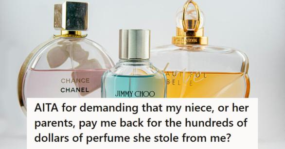 Bottles of expensive perfume such as Estee Lauder, Jimmy Choo, and Chanel