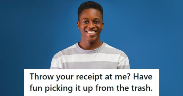 Young man smiling after getting back at a customer