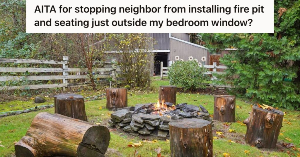 Rustic backyard fire pit with log stools