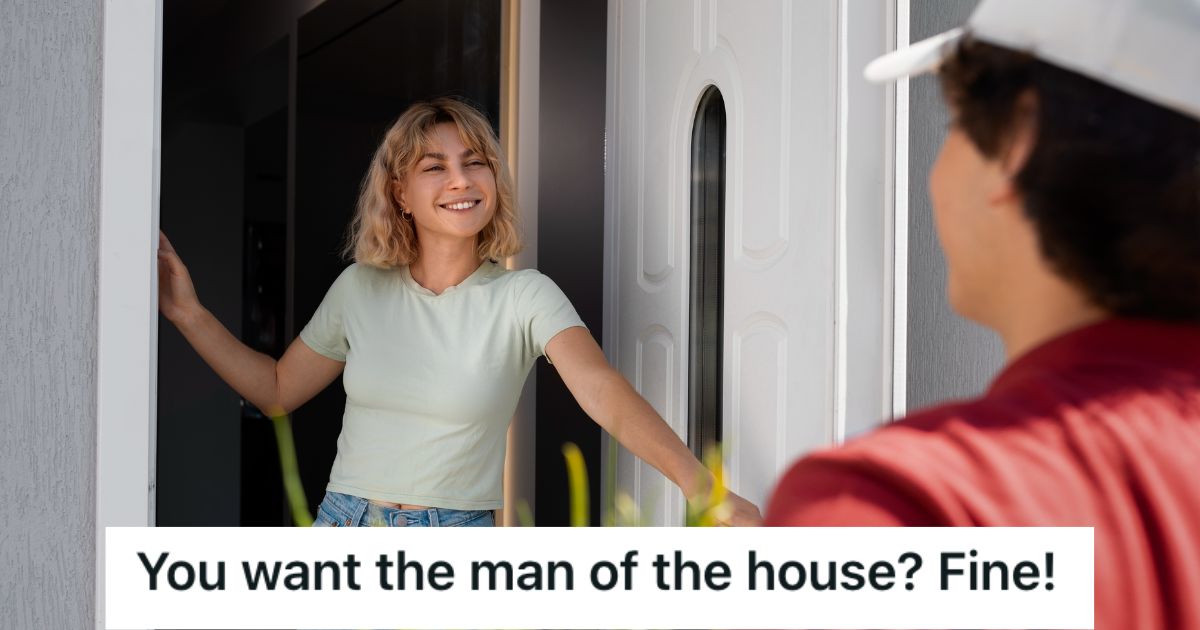 A Door to Door Salesman Quickly Asked To Speak To The Man Of The House, So This Woman Did Not Entertain Him Woman by the door greeting a salesman