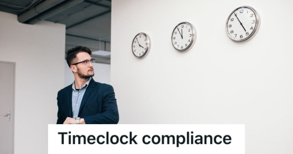 Employee looking at the three clocks at the wall