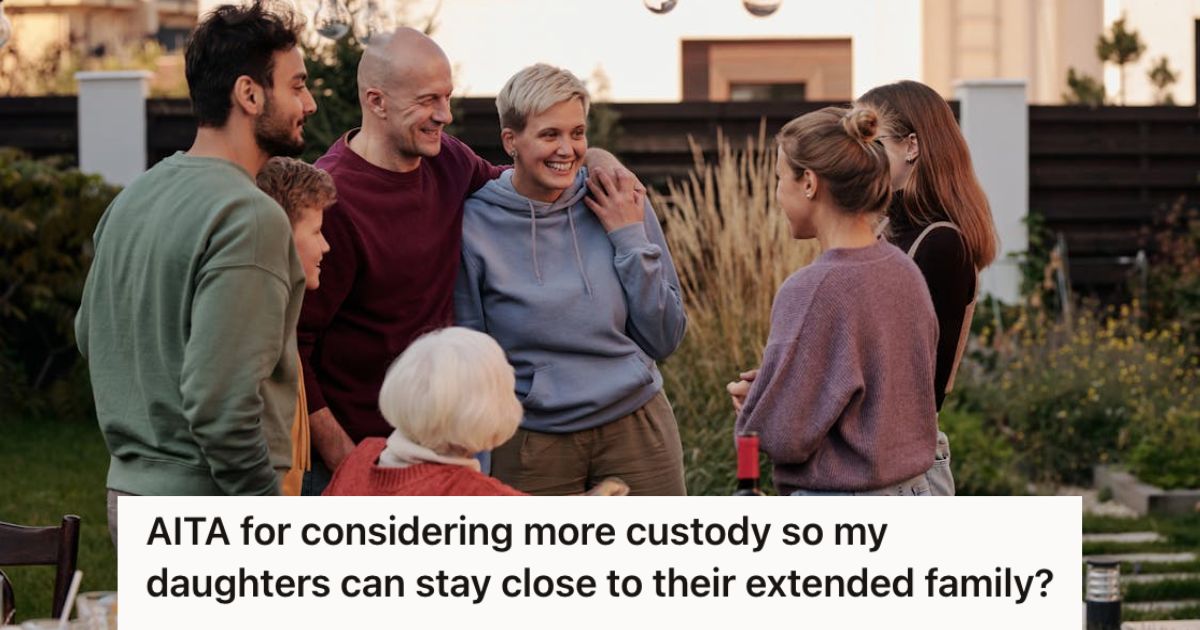 Family gathered outdoors and talking to each other