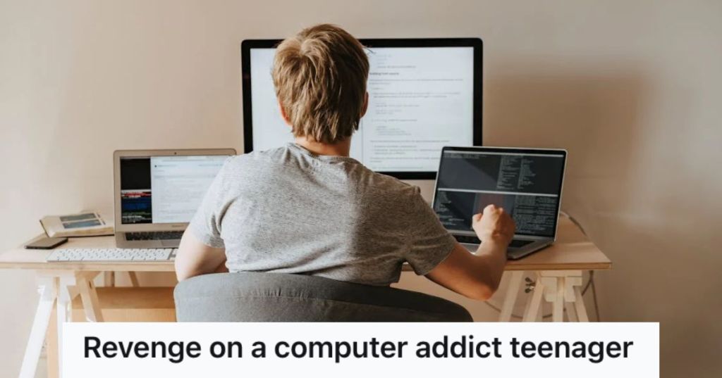 Teenage boy working in front of three computers