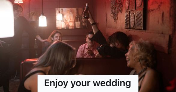 Men in bar drinking with some females on another table