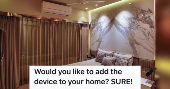 Bedroom with aircon, lights, fan, curtain, and bed