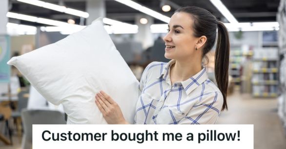 Woman holding a pillow at the store